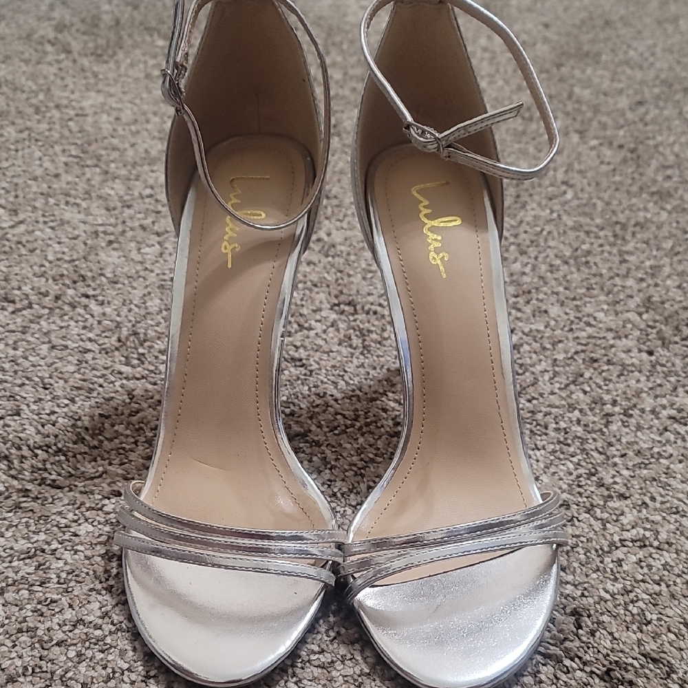 Lulu's Metallic Silver Ankle Strap Heels